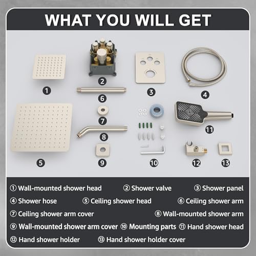 Iriber Thermostatic Shower System with Adjustable Water Flow Push Button Diverter, Square Dual Shower Heads Faucet Set with Handheld Spray, Brushed Nickel Shower Mixer Valve Trim Kit (Valve Included) - color: Brushed Nickel 05