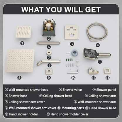 Iriber Thermostatic Shower System with Adjustable Water Flow Push Button Diverter, Square Dual Shower Heads Faucet Set with Handheld Spray, Brushed Nickel Shower Mixer Valve Trim Kit (Valve Included) - color: Brushed Nickel 05