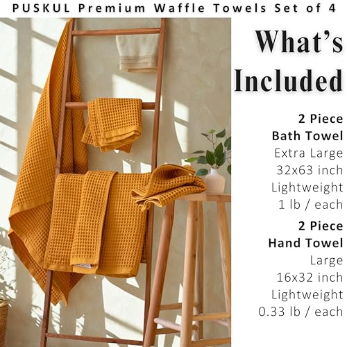 PÜSKÜL Natural 100% Turkish Cotton Waffle Towels Set of 4-Piece, Mustard Y. | 2-Bath sheet (Extra-large 32x63") and 2-Hand towel (Large 32x16"). Premium honeycomb-waffle weave, oeko-tex made in Turkiye. - color: Mustrad Yellow