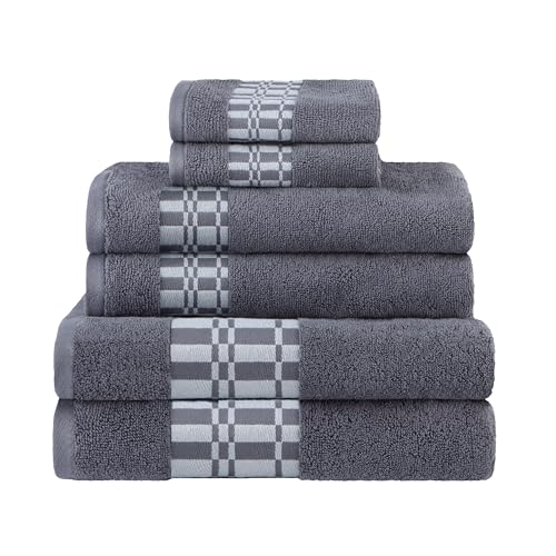 Superior 6-Piece Cotton Towel Set, Geometric Design, Dobby Border, Plush Quick Dry Towels, Decorative Bathroom, Spa, Includes 2 Bath, 2 Hand, 2 Face Towels/ Washcloth, Larissa Collection, Grey - color: Grey, size: 6 Piece Towel Set