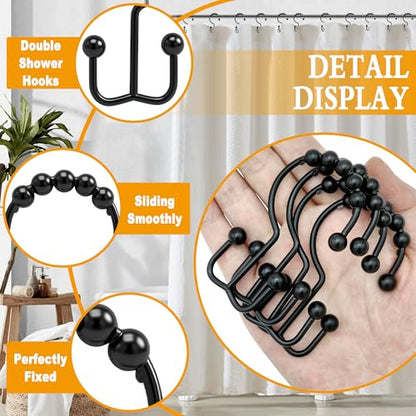 Shower Curtain Hooks, 12 Pcs Rustproof Metal Shower Curtain Rings,Free Sliding Double Shower Hooks for Shower Curtain & Liners, Shower Curtain Hangers for Bathroom Shower Curtain Rods Curtains (Black) - color: Black
