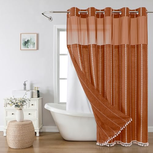 eachope Boho Farmhouse No Hook Shower Curtain Set with Snap-in Fabric Liner,Heavy-Duty Linen Textured Rustic Striped Design,Water-Repellent with Tassels and Sheer Window,Orange,71x74 - color: Orange, size: 71"W x 74"L (Pack of 1)