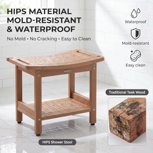 Shower Bench Seat for Shaving Legs HDPS Bath Chair Stool for Inside Shower | Heavy Duty Bathroom Chair Seat with Storage Shelf & Adjustable Feet, Anti-Rotting, Space-Save, No-Maintenance - color: Teak