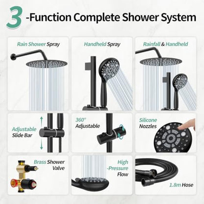 SR SUN RISE 12" Shower Faucet Set with Shower Slide Bar,Matte Black | High Pressure Shower Head,6-Spray Setting,16"Adjustable Shower Slide Bar,Soild Brass,Wall Mount,Included Valve and Trim Kit - color: Matte Black
