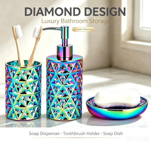 Rainbow Bathroom Accessories Set 3Pcs - Soap Dispenser, Soap Dish, Vase | Luxury Design Diamond Ceramic Bathroom Accessory Complete Set - Lotion Dispenser, Soap Dish,Vase for Countertop Vanity - color: Rainbow