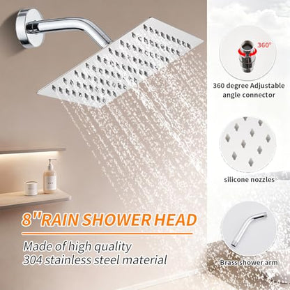 Shower Faucet Single Function Trim Kit with Rough-in Valve Set Bath Rainfall Shower System 8inch Square Stainless Steel Metal Shower Head Polished Chrome - color: Polished Chrome