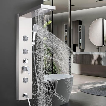 AlenArt Shower Panel Massage Jets Rainfall Waterfall Shower Head, Shower Stainless Steel Wall Mount Massage Multi-Function Bathroom Shower Panel Tower System, Brushed Nickel…… - color: Brushed Nickel
