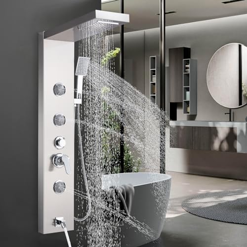 AlenArt Shower Panel Massage Jets Rainfall Waterfall Shower Head, Shower Stainless Steel Wall Mount Massage Multi-Function Bathroom Shower Panel Tower System, Brushed Nickel…… - color: Brushed Nickel