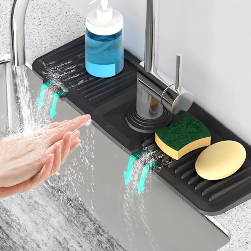 17.7inch Faucet Mat for Kitchen Sink [5°Slope Fast Self-draining] Kitchen Sink Splash Guard Silicone Kitchen Sink Faucet Mat Splash Guard for Kitchen Sink Area Tidy Splash Faucet Guard Draining Mat - color: Black, size: 17.7" x 5.5"