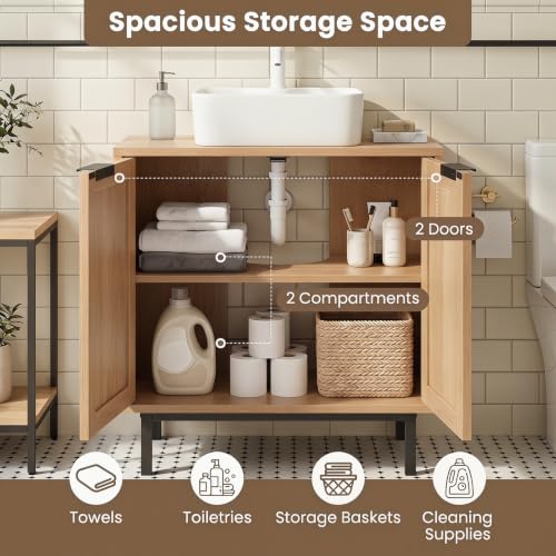 24-inch Pedestal Sink Storage Cabinet, Under Sink Cabinet (Natural) | U-Shaped Cut-Out | 2 Rattan Doors & Shelf | Solid Metal Legs - color: Natural