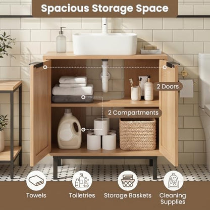 24-inch Pedestal Sink Storage Cabinet, Under Sink Cabinet (Natural) | U-Shaped Cut-Out | 2 Rattan Doors & Shelf | Solid Metal Legs - color: Natural
