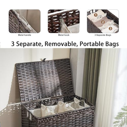 Laundry Hamper with Wheels&Lid, 50.2 Gallons(190L) Rolling Laundry Basket with Wheels, 3-Section Laundry Hamper, Handwoven Rattan Clothes Hamper with 6 Removable Liner& 3 Mesh Laundry Bags, Brown - color: Brown