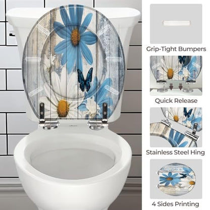 Round Resin Toilet Seat, Quietly Close Quick Release Hinges Cover | Toilet Lid Cover Easy to Clean and Install, Flower Shower Daisy Wild Rustic Floral Blue Butterfly Heavy Duty Toilet Seat - color: pattern10, size: O-shape