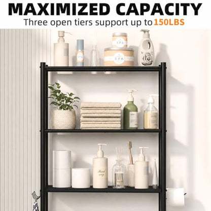 GloTika 3-Tier Over Toilet Storage, Anti-Tilt, 64" H, Black | Anti-Tilt Safety System, 150lb Capacity, Carbon Steel, Freestanding, No Drilling, Anti-Rust Coating, Paper Holder & 4 Hooks - color: Black, size: 3-Tier