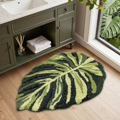 LUMI Cute Bathroom Rug Green Leaf, Absorbent Non Slip Bath Mat, 32"x48" | Dark Monstera Plant, Soft Plush Microfiber, Quick Dry, Washable for Shower Floor, Sink Bathtub, Bedroom, Kids Room - color: Dark Monstera-large