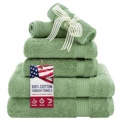 American Veteran Towel, 6 Piece Towel Set for Bathroom, 100% Cotton Turkish Bathroom Towels, 2 Bath Towels 2 Hand Towels 2 Washcloths, Sage Green - color: Sage Green, size: X Large 6 PC