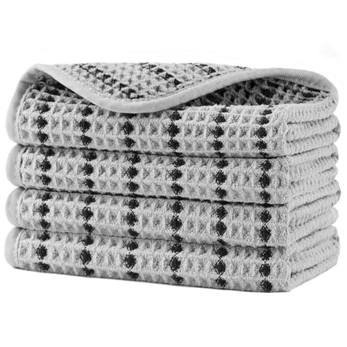 POLYTE 430 GSM Microfiber Lint Free Washcloth Face Towel, 13 x 13 in, 4 Pack (Waffle Weave) - color: Light Gray/Black