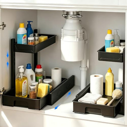 BLULEE 2 Pack Under Sink Organizer, Adjustable Pull Out Storage Rack | L-Shaped Set of 2 Sliding Bathroom Vanity & Kitchen Shelf, Bypasses Pipes, Heavy Duty Metal Frame Fits Tall Bottles