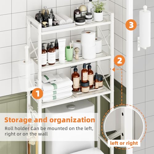 Simple Trending Over The Toilet Storage Rack with Toilet Paper Holder, Heavy Duty Metal 3 Tier Bathroom Organizer Shelf with 3 Hooks, White - color: 3 Tier White- Paper Holder