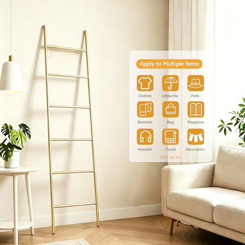 6-Tier Blanket Ladder 68 Inch Wall-Leaning Towel Rack for Living Room and Bedroom, Easy Assembly - Gold - color: Gold