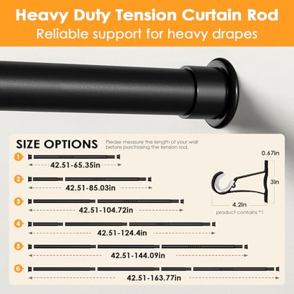 Tension Curtain Rod 43-163 Inches Extra Long Black Heavy Duty | Tension Rods Adjustable Curtain Rod No Drilling Spring Loaded Tension Rod for Windows Patio Curtains and Non Slip - color: Black, size: 43 to 163 inches