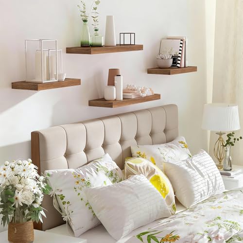 Solid Wood Floating Shelves Set of 2 - Waterproof Scratch Resistant Wall Mounted Shelves, Country Style Brown (15.75 in W × 9.25 in D × 1.57 in H) for Bedroom Bathroom Kitchen Living Room - color: Country Style Brown, size: 15.75'W *9.25"D*1.57"H ,Set of
