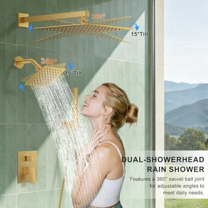 Rain Shower System with Rough-in Valve, Wall Mount Shower Faucet Set with 12" & 6" Dual Rain Shower Heads, 2-in-1 Handheld Shower, Tub Spout, 4-Function Complete Shower Fixture, Brushed Gold - color: Brushed Gold, size: Wall Mount-12"+6" head with Tub Spo