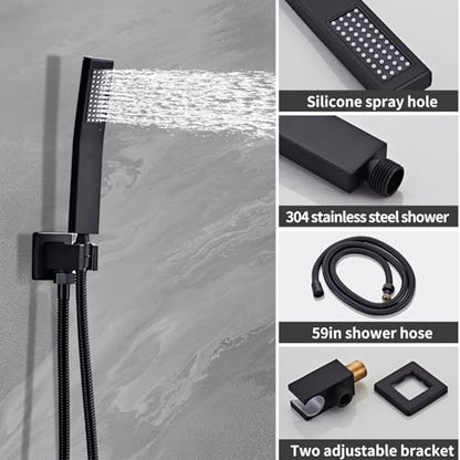 Shower System Black -10 Inch High Pressure Rain Shower Heads with Handheld Spray Combo Shower Faucet Set with Pressure Balanced Rough-in Valve, Wall Mount Bathroom Shower Set fit All Valve Types - style: 10inch