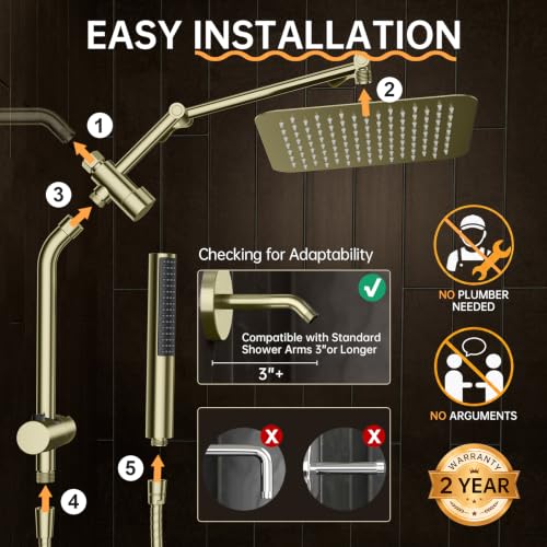 Veken All Metal 10" Luxurious Brushed Gold Rain Shower Head with Handheld | Dual High Pressure Shower Heads,Double Detachable Showerhead, Square Adjustable Rainfall,Bathroom Upgrade,Best Showerheads - color: Gold-brushed, size: 10 Inch