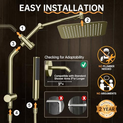 Veken All Metal 10" Luxurious Brushed Gold Rain Shower Head with Handheld | Dual High Pressure Shower Heads,Double Detachable Showerhead, Square Adjustable Rainfall,Bathroom Upgrade,Best Showerheads - color: Gold-brushed, size: 10 Inch