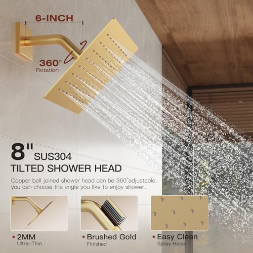 Gold Shower System, All Metal Dual Rain Shower Head with Handheld | 3-In-1 Push Button Valve and Trim Kit, Brushed Gold SUS304 10" Ceiling & 8" Wall Mount Heads, Bathroom Shower Faucet Set - color: Brushed Gold