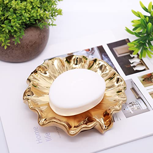 Lotus Leaf Soap Dish Gold Ceramic Soap Holder Self Draining Soap Dish Waterfall Slot Sponge Holder Bathroom Accessories for Bathroom, Kitchen,Bar Counter. - color: Gold