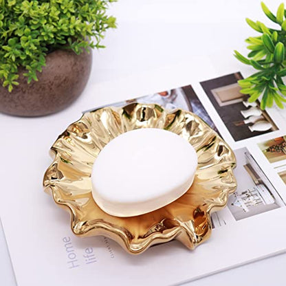 Lotus Leaf Soap Dish Gold Ceramic Soap Holder Self Draining Soap Dish Waterfall Slot Sponge Holder Bathroom Accessories for Bathroom, Kitchen,Bar Counter. - color: Gold