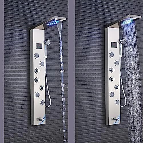 Stainless Steel Shower Panel Tower Suit,LED Rainfall Waterfall Shower Head 6-Function Faucet Rain Massage Suit with Body Jets