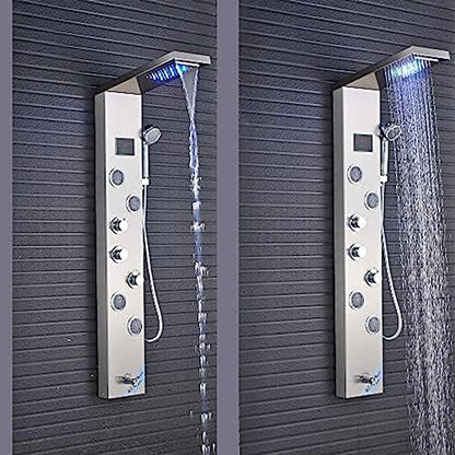 Stainless Steel Shower Panel Tower Suit,LED Rainfall Waterfall Shower Head 6-Function Faucet Rain Massage Suit with Body Jets