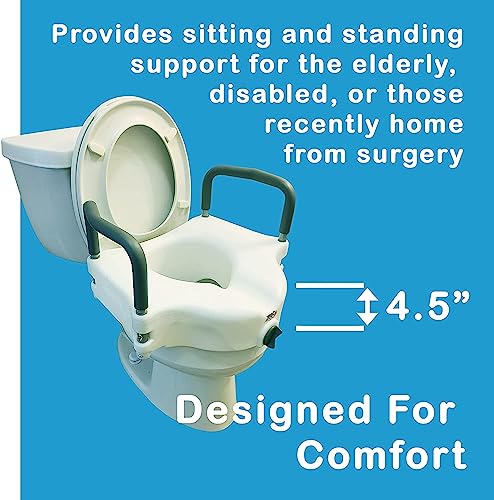 Carex E-Z Lock Raised Toilet Seat with Handles, 4.5 Inch Toilet Seat Riser with Arms, Toilet Riser Fits Most Toilets, Elongated or Round, Toilet Seat Lifter, White