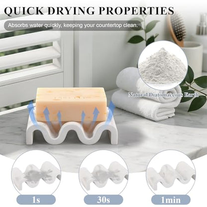 Diatomite Soap Dish Bar Soap Holder Wave Texture Sponge Tray, Marble White | Quick Drying, Self Draining Design Helps Keep Bar Soap Dry for Bathroom Sink, Shower & Kitchen - color: Marble White