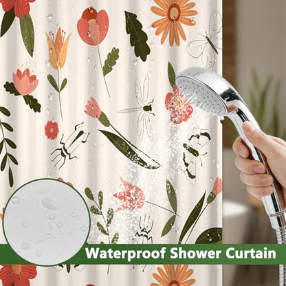 No Hook Shower Curtain with Liner, Floral Shower Curtain with Sheer Top Window and Weighted Hem, Summer Farmhouse Double Layers Waterproof Fabric Shower Curtains for Bathroom and Hotel, 71" W x 74" L - color: Lively Garden