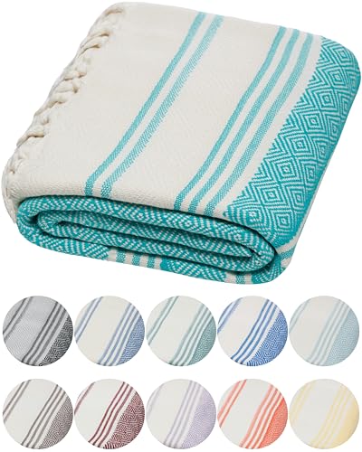 DEMMEX Organic Diamond Turkish Bath & Beach Towel | 100% Oeko-TEX Certified Cotton, Ultra-Soft, Quick-Dry, Lightweight, Compact & Oversized Luxury Peshtemal Towel, Prewashed, 71"x36", Teal - color: Blue and White