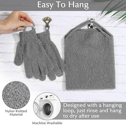 Anezus Exfoliating Back Scrubber Bath Gloves Set, Exfoliating Shower Towel with Shower Gloves for Body Scrub, Back Cleaner Wash Gloves to Remove Dead Skin (Grey) - color: Grey