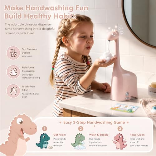 Automatic Soap Dispenser,Cute Dinosaur, Touchless, Rechargeable Foaming Soap Dispenser, 10oz/300ml, 3-Level Adjustable Foam, IPX5 Waterproof for Bathroom, Kitchen, Hotel,Restaurant, Pink - color: Pink