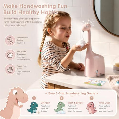 Automatic Soap Dispenser,Cute Dinosaur, Touchless, Rechargeable Foaming Soap Dispenser, 10oz/300ml, 3-Level Adjustable Foam, IPX5 Waterproof for Bathroom, Kitchen, Hotel,Restaurant, Pink - color: Pink