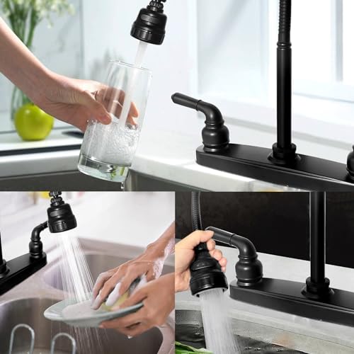 RV Kitchen Faucet,Camper RV Kitchen Sink Faucet Replacement,8 inch 2 Hole | RV Sink Faucet w/ 2 Handles Flexible Spout 360 Swivel Rotatable Tri-Function Sprayer for Motorhome,Trailer,Non-Metallic,Black - color: Black