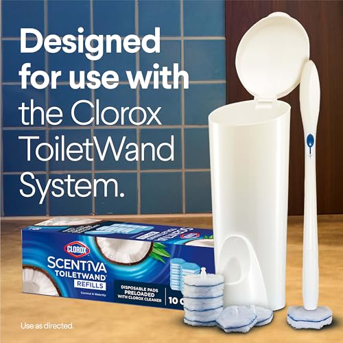 Clorox Scentiva ToiletWand Refills, Coconut and Waterlily, 10 Count | Disposable Toilet Brush Scrubbing Pads, Eliminates Hard Water and Lime Stains 2X Better than a Manual Brush