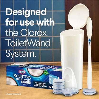 Clorox Scentiva ToiletWand Refills, Coconut and Waterlily, 10 Count | Disposable Toilet Brush Scrubbing Pads, Eliminates Hard Water and Lime Stains 2X Better than a Manual Brush