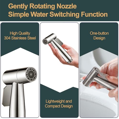 Brushed Nickel Bidet Sprayer Head, Premium Stainless Steel Handheld Shattaf Jet Spray Attachment for Toilet, Multi Purpose Baby Cloth Diaper Sprayer with Adjustable Water Pressure, 1 Pack