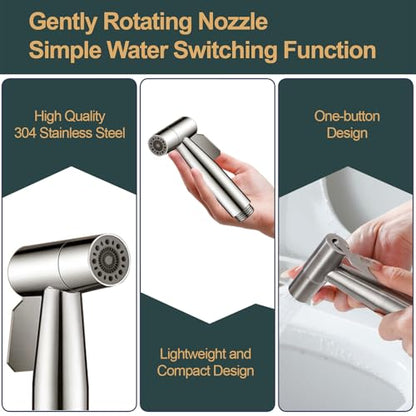 Brushed Nickel Bidet Sprayer Head, Premium Stainless Steel Handheld Shattaf Jet Spray Attachment for Toilet, Multi Purpose Baby Cloth Diaper Sprayer with Adjustable Water Pressure, 1 Pack