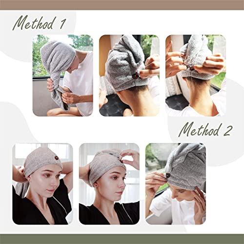 myHomeBody Hair Towel Wrap, Quick Drying Turban, Absorbent Cap – 2 Pack | Hair Turban Towel for wet hair, Ultra Soft Charcoal Fiber Cap, Towel Head Wrap for bathing with Coconut Shell Button - color: Grey, Grey