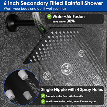 Enga Dual Heads Shower System with Body Jets, Shower Faucet Set 10 Inch Rainfall with 6 Inch Showerhead, 4 Body Jets with 2 in 1 Handheld Spray, Matte Black - color: Matte Black, style: Wall-10"+6"+4Jets