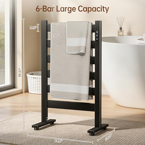6-Bar Freestanding Heated Towel Warmer with PTC Fast Heating | 170°F Adjustable Temperature, 2-12H Timer & Memory Function, Freestanding Design, Wide Bar Rack for Towels, Matte Black - color: Black